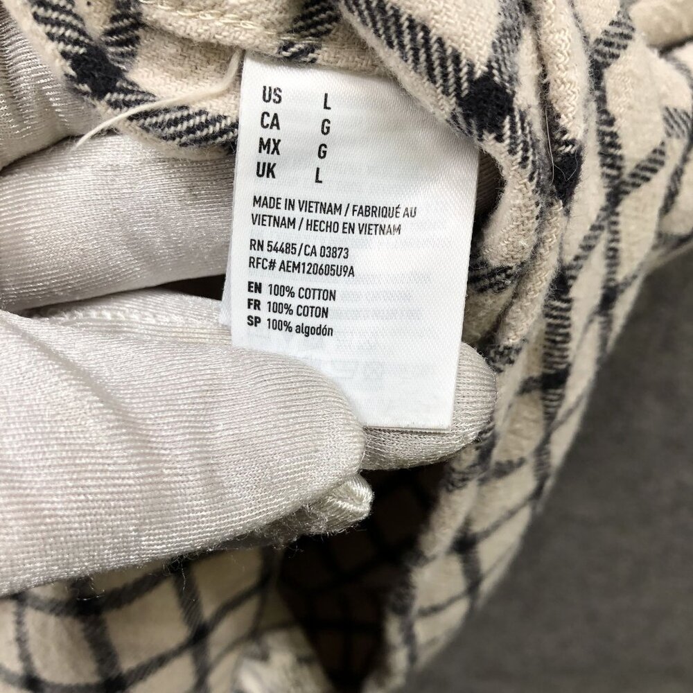 American Eagle Flannel Shirt Mens Large L Cream Black Grid Plaid Thick Shacket - Picture 7 of 10